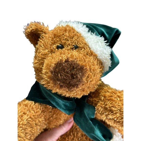 Kurt S Adler Sparkly 10" Brown Bear Stuffed Plush with Green Santa Hat and Scarf - Picture 3 of 8